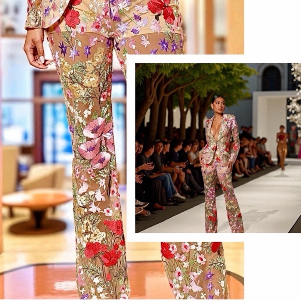 Fashion Nova Erin Nude Sheer Boot Cut Pants with Multicolor Floral Embroidery - Picture 7 of 7